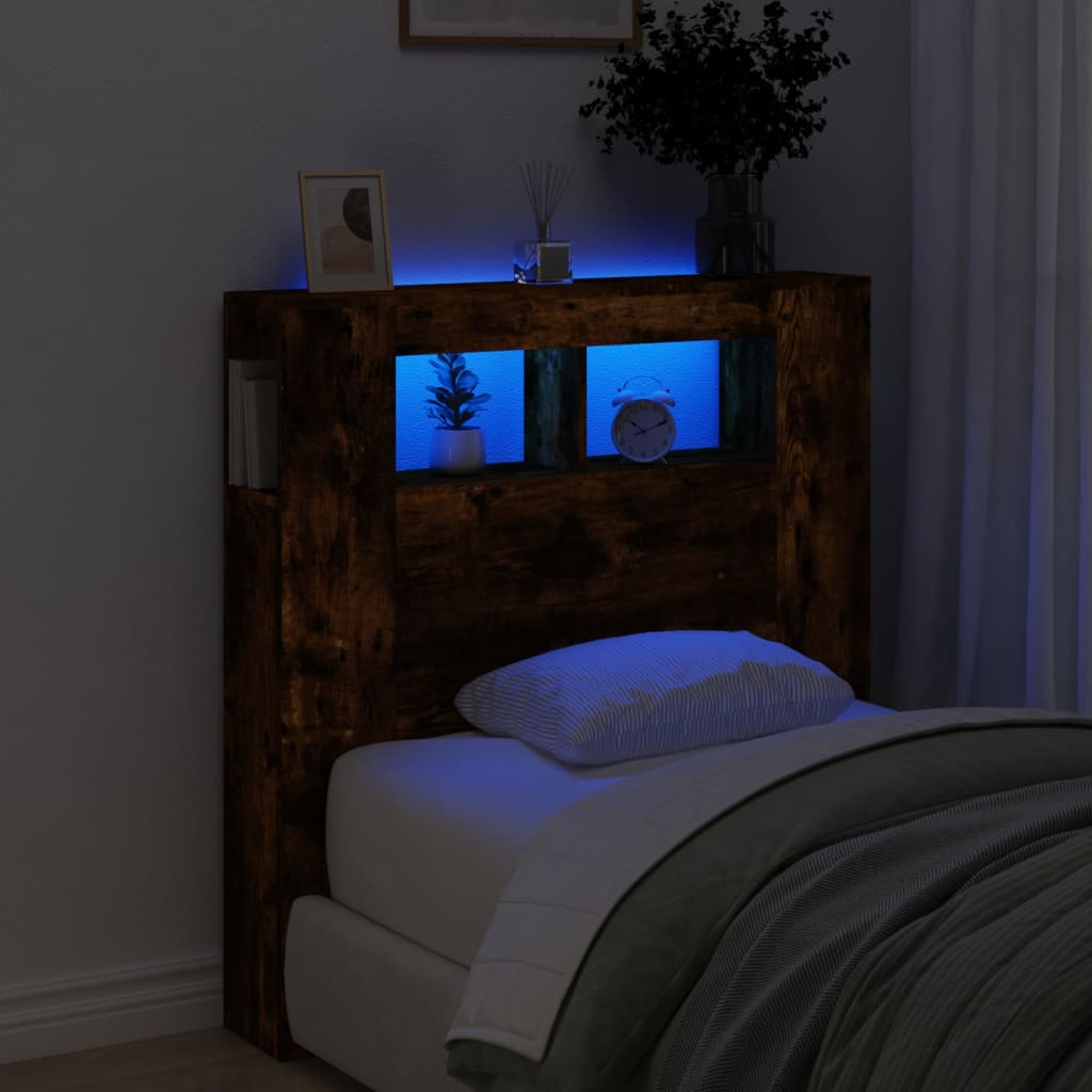 sengegavl m. LED-lys 100x18,5x103,5 cm konstrueret træ røget eg