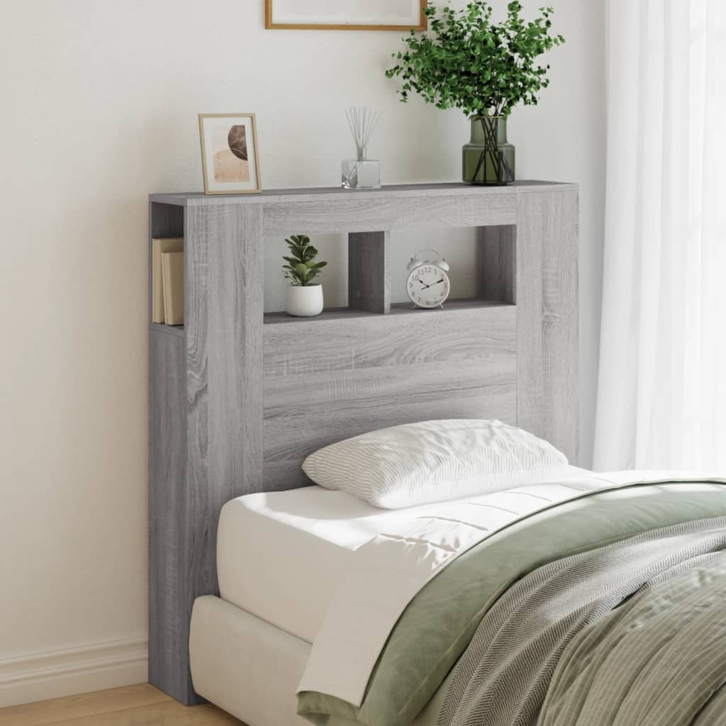 sengegavl 100x18,5x103,5 cm LED-lys konstrueret træ grå sonoma