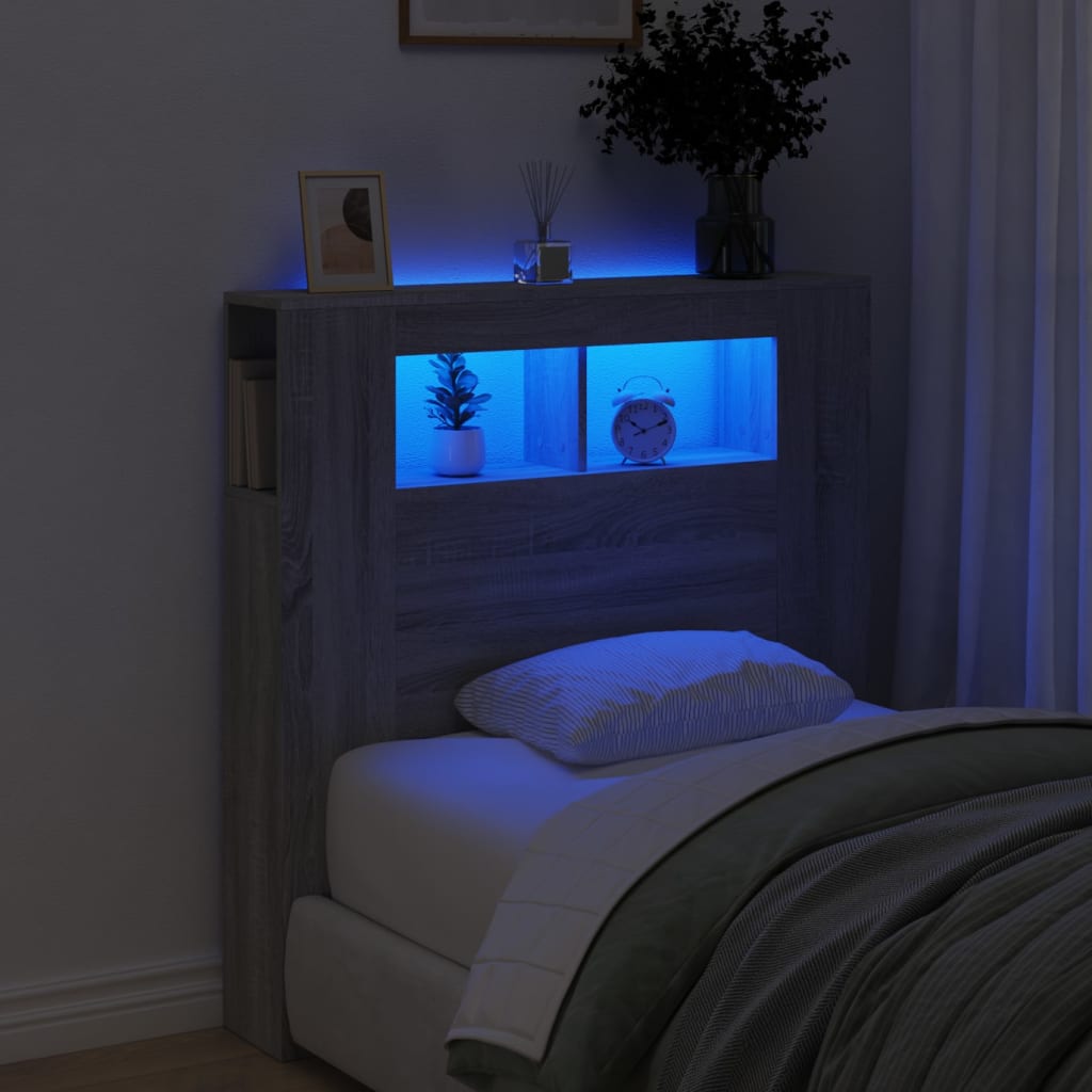 sengegavl 100x18,5x103,5 cm LED-lys konstrueret træ grå sonoma