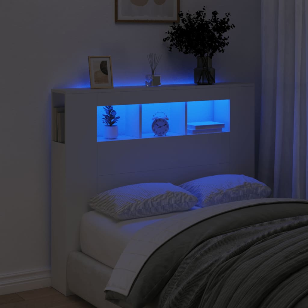 sengegavl med LED-lys 120x18,5x103,5 cm konstrueret træ hvid