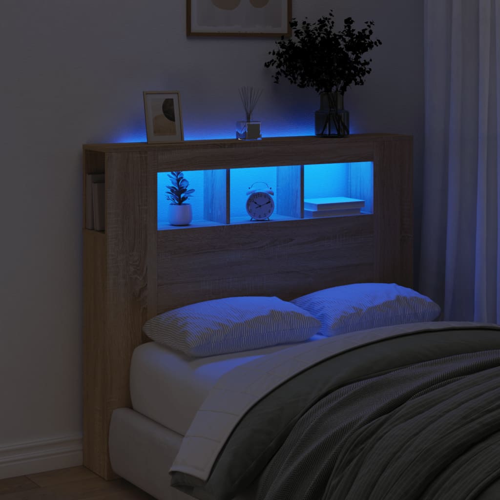 sengegavl 120x18,5x103,5 cm LED-lys konstrueret træ sonoma-eg