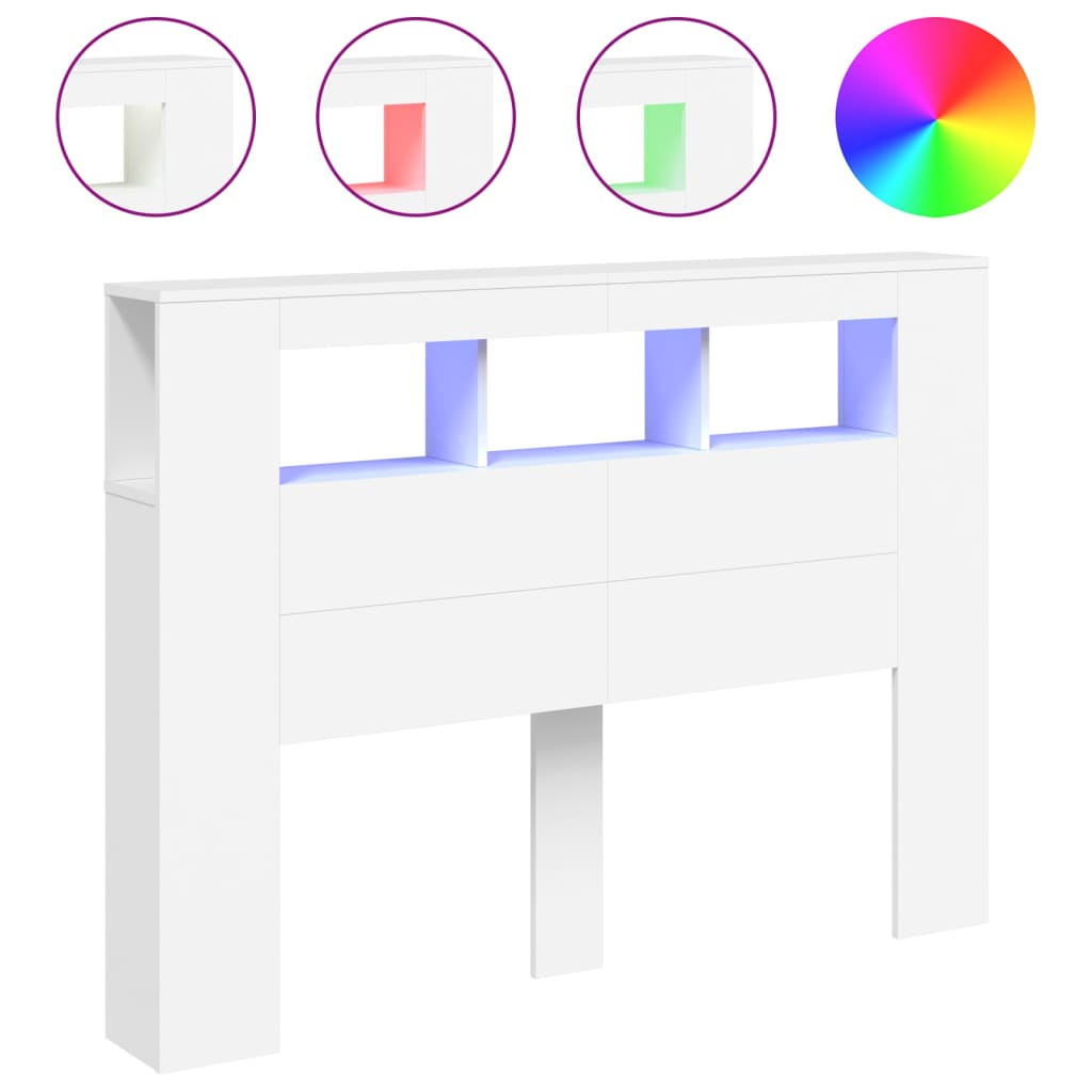 sengegavl med LED-lys 140x18,5x103,5 cm konstrueret træ hvid