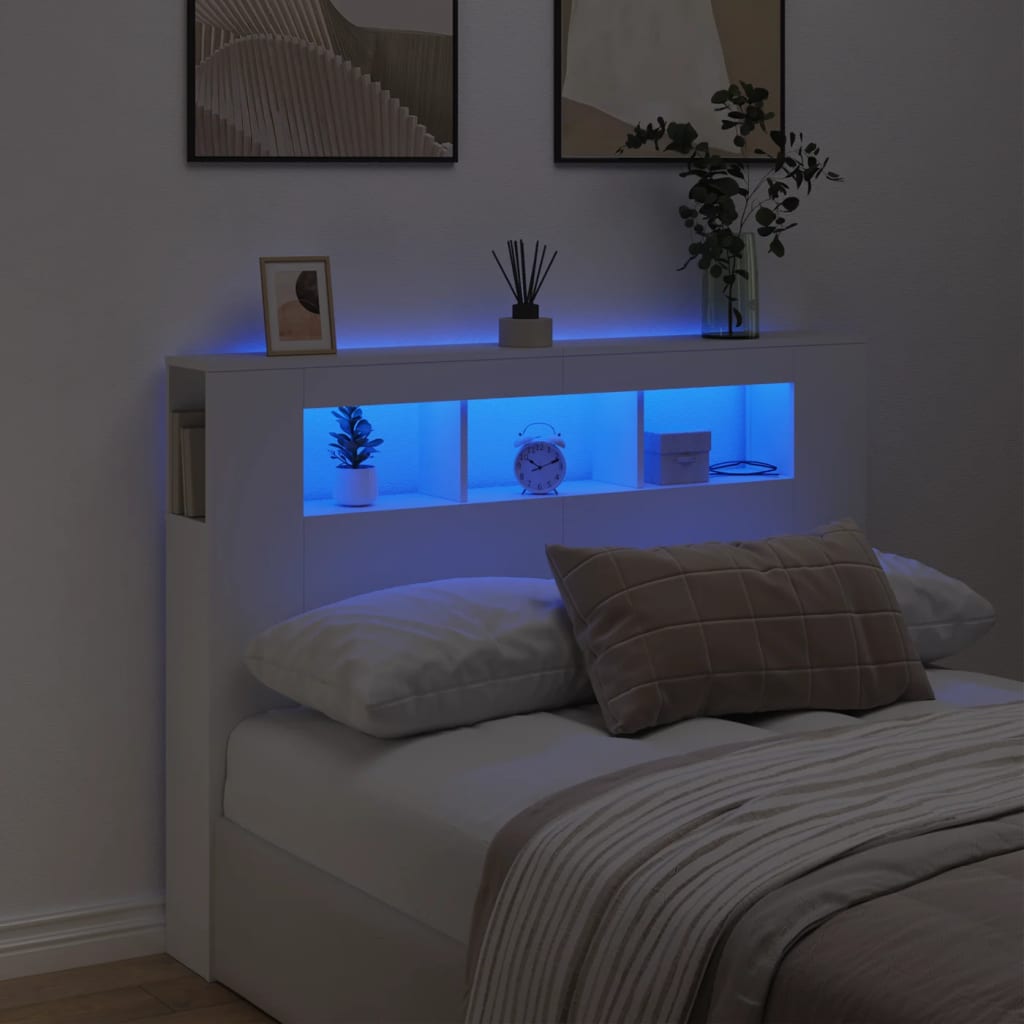 sengegavl med LED-lys 140x18,5x103,5 cm konstrueret træ hvid