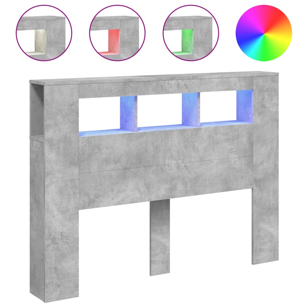 sengegavl m. LED-lys 140x18,5x103,5 cm konstrueret træ betongrå