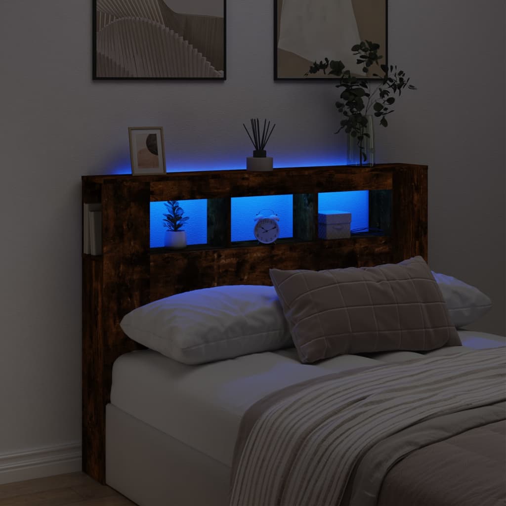 sengegavl m. LED-lys 140x18,5x103,5 cm konstrueret træ røget eg