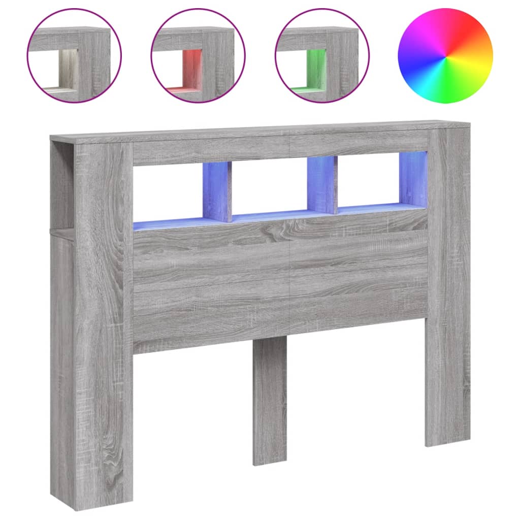 sengegavl 140x18,5x103,5 cm LED-lys konstrueret træ grå sonoma