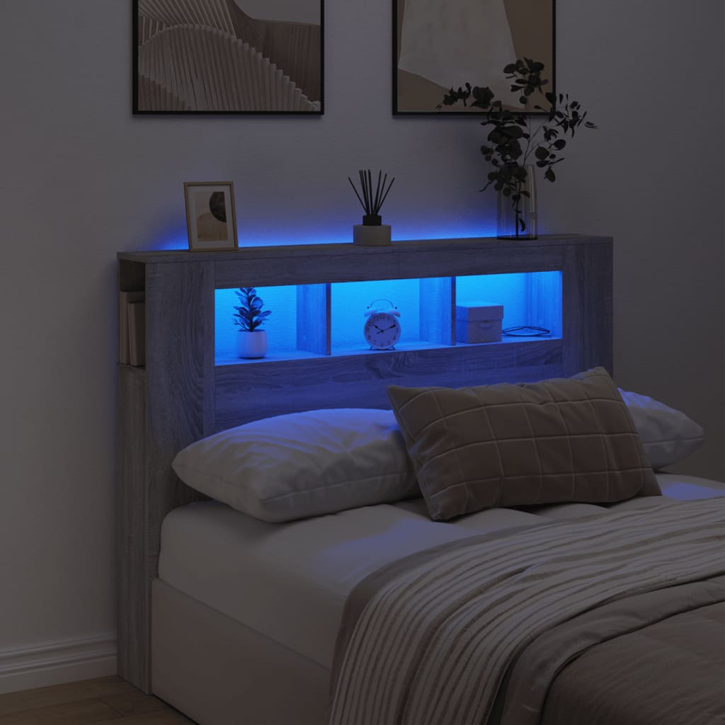 sengegavl 140x18,5x103,5 cm LED-lys konstrueret træ grå sonoma
