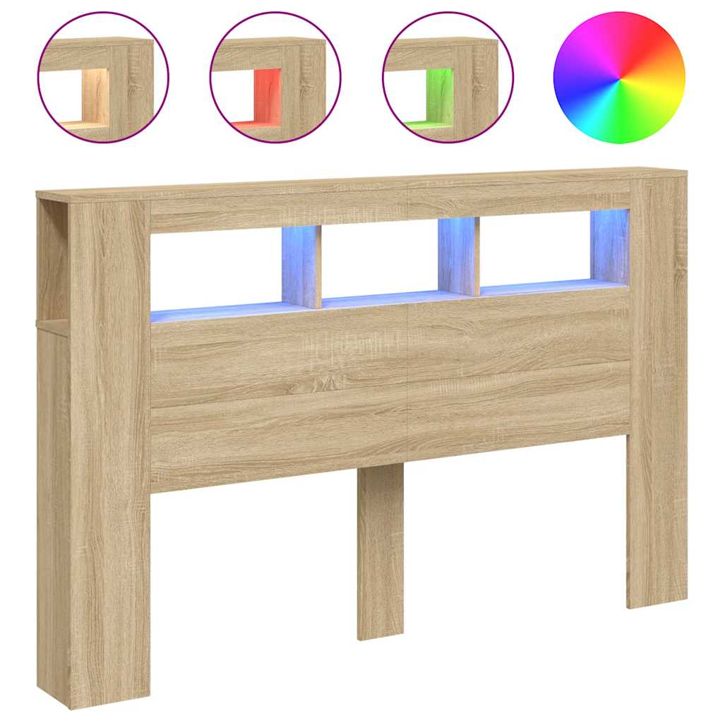 sengegavl 160x18,5x103,5 cm LED-lys konstrueret træ sonoma-eg