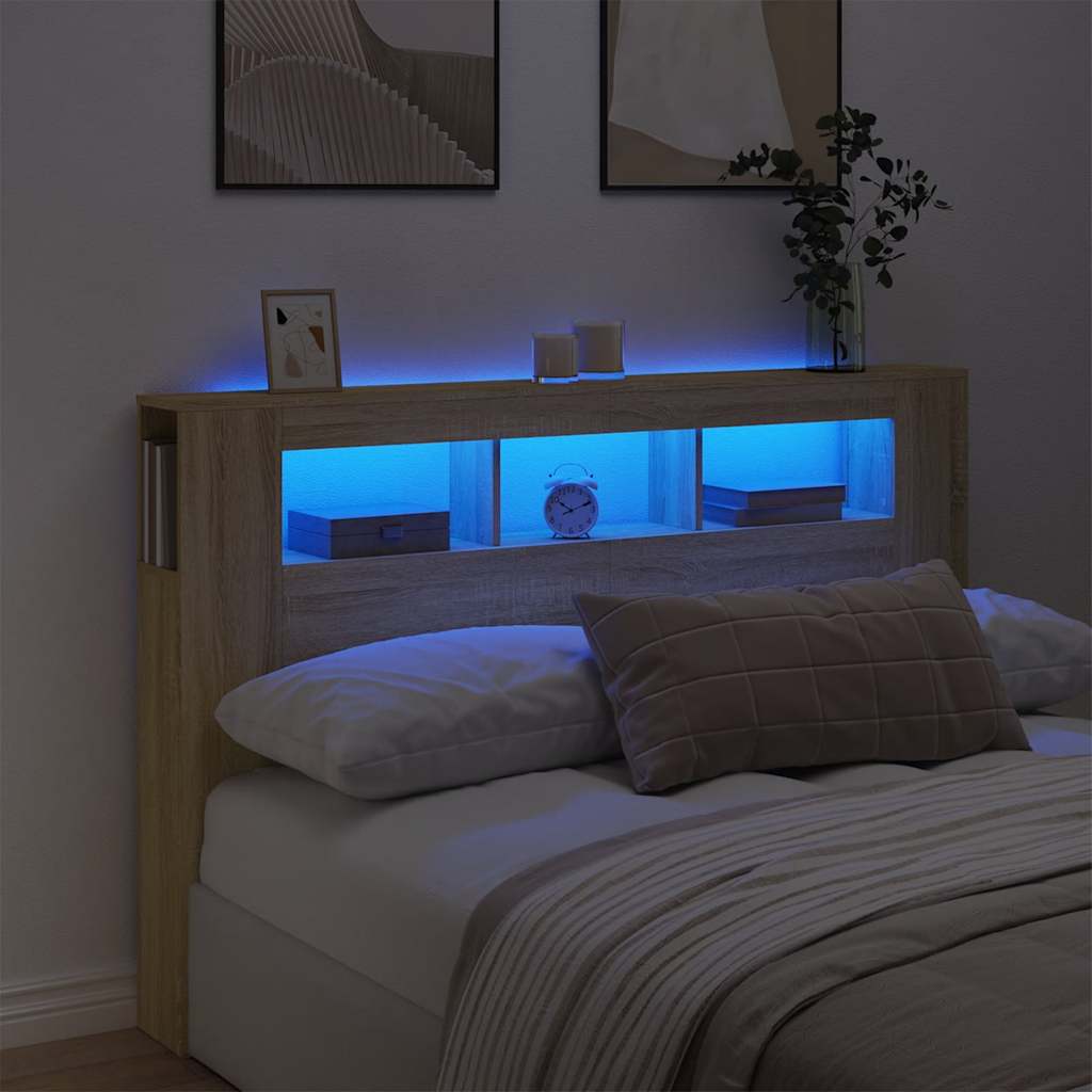 sengegavl 160x18,5x103,5 cm LED-lys konstrueret træ sonoma-eg