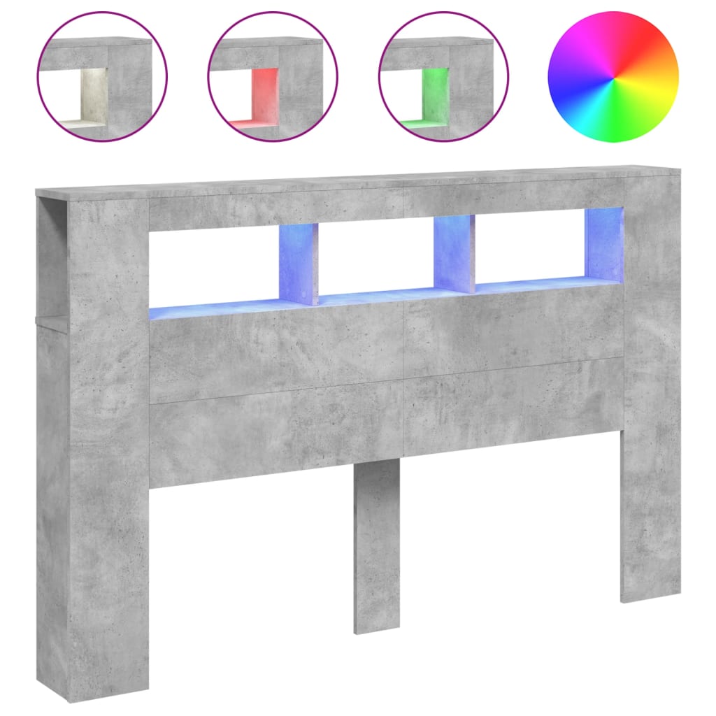 sengegavl m. LED-lys 160x18,5x103,5 cm konstrueret træ betongrå