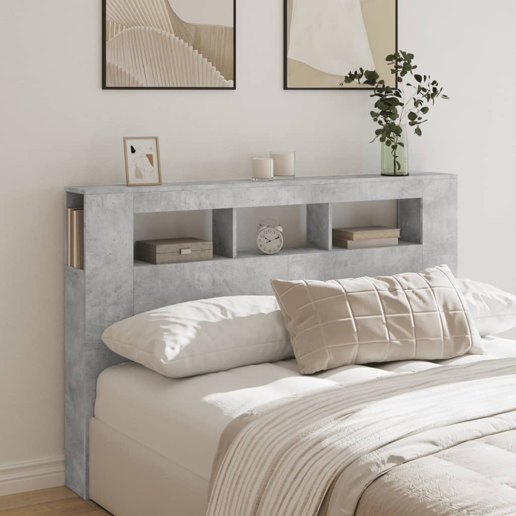 sengegavl m. LED-lys 160x18,5x103,5 cm konstrueret træ betongrå