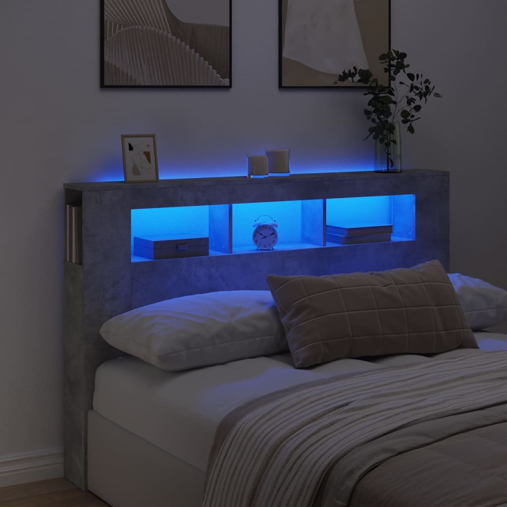 sengegavl m. LED-lys 160x18,5x103,5 cm konstrueret træ betongrå