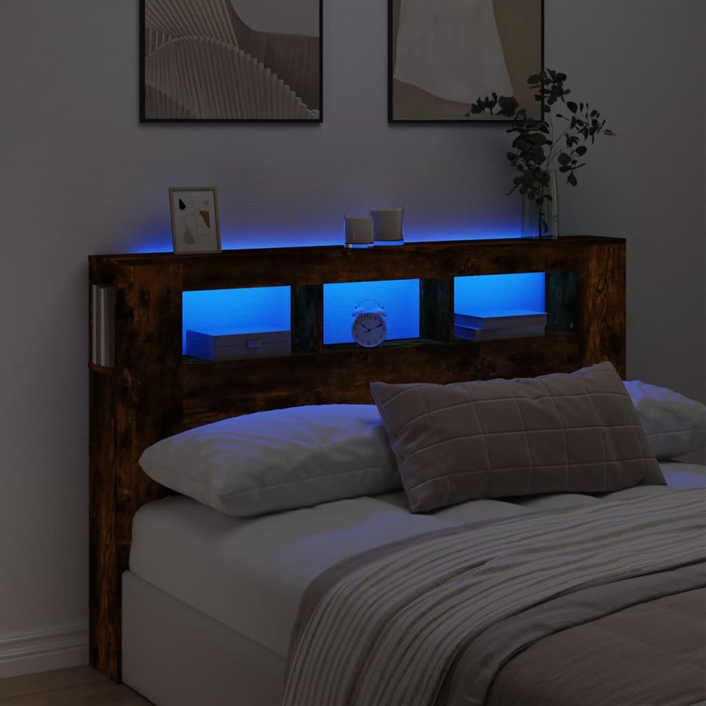 sengegavl m. LED-lys 160x18,5x103,5 cm konstrueret træ røget eg