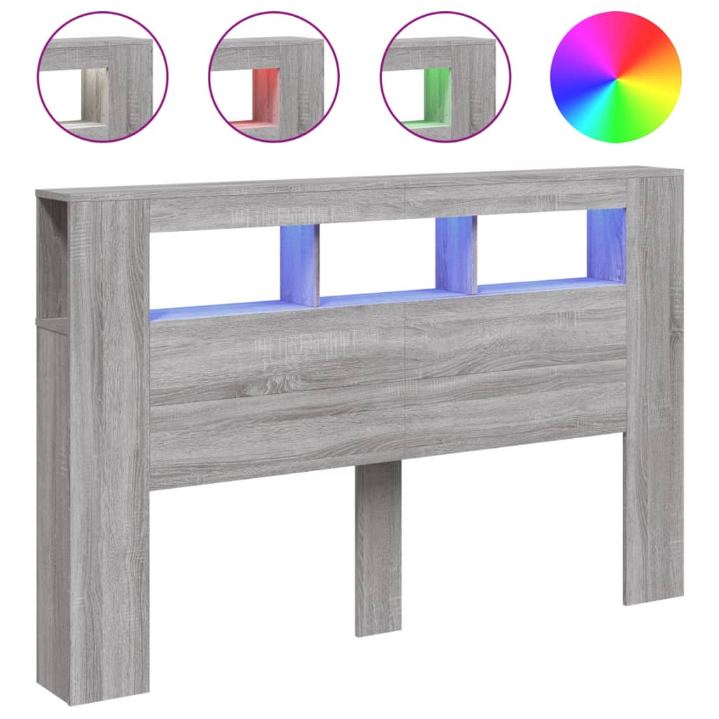 sengegavl 160x18,5x103,5 cm LED-lys konstrueret træ grå sonoma