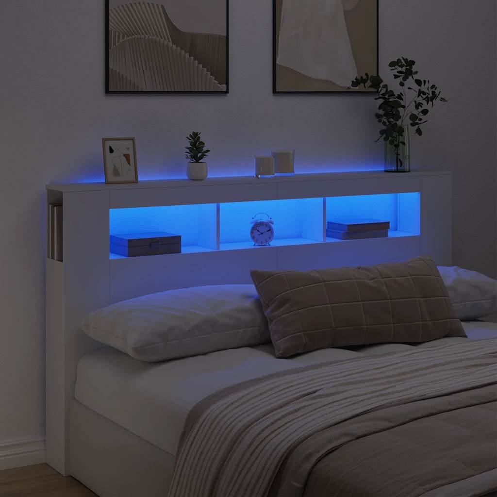 sengegavl med LED-lys 180x18,5x103,5 cm konstrueret træ hvid
