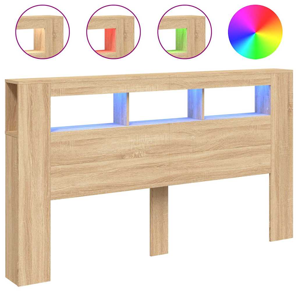 sengegavl 180x18,5x103,5 cm LED-lys konstrueret træ sonoma-eg