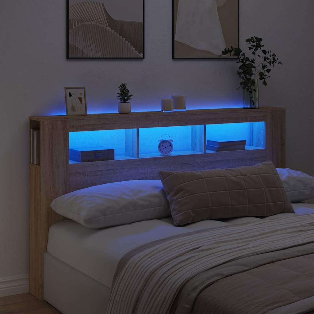sengegavl 180x18,5x103,5 cm LED-lys konstrueret træ sonoma-eg