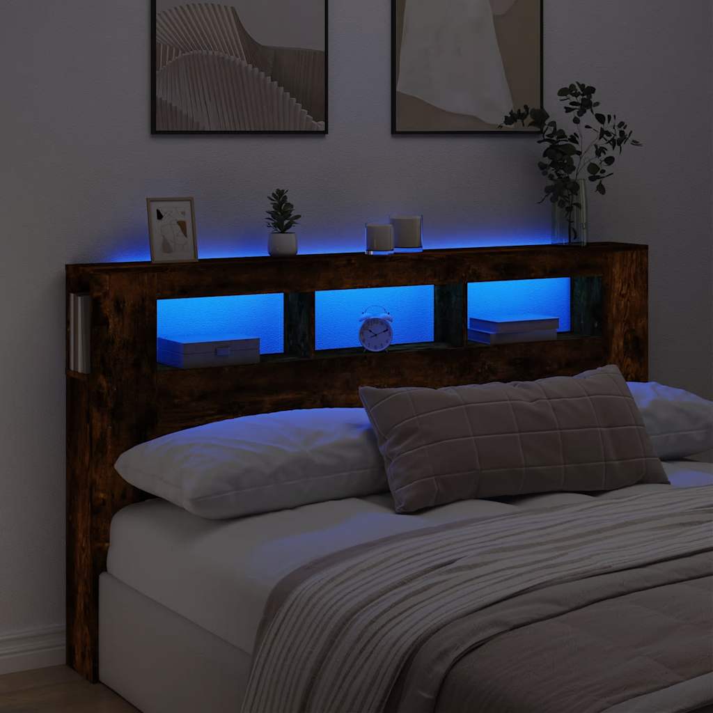 sengegavl m. LED-lys 180x18,5x103,5 cm konstrueret træ røget eg