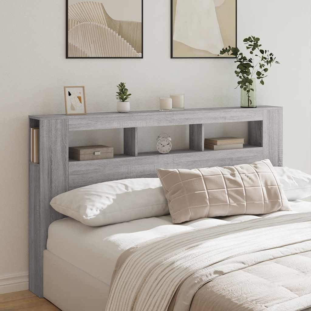 sengegavl 180x18,5x103,5 cm LED-lys konstrueret træ grå sonoma