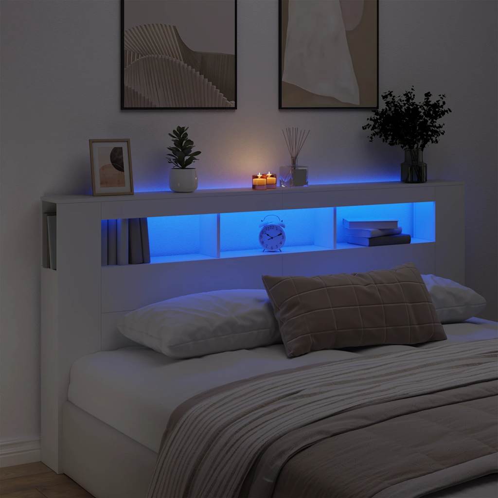 sengegavl med LED-lys 200x18,5x103,5 cm konstrueret træ hvid