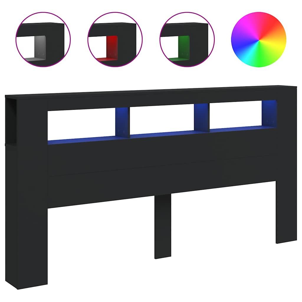 sengegavl med LED-lys 200x18,5x103,5 cm konstrueret træ sort