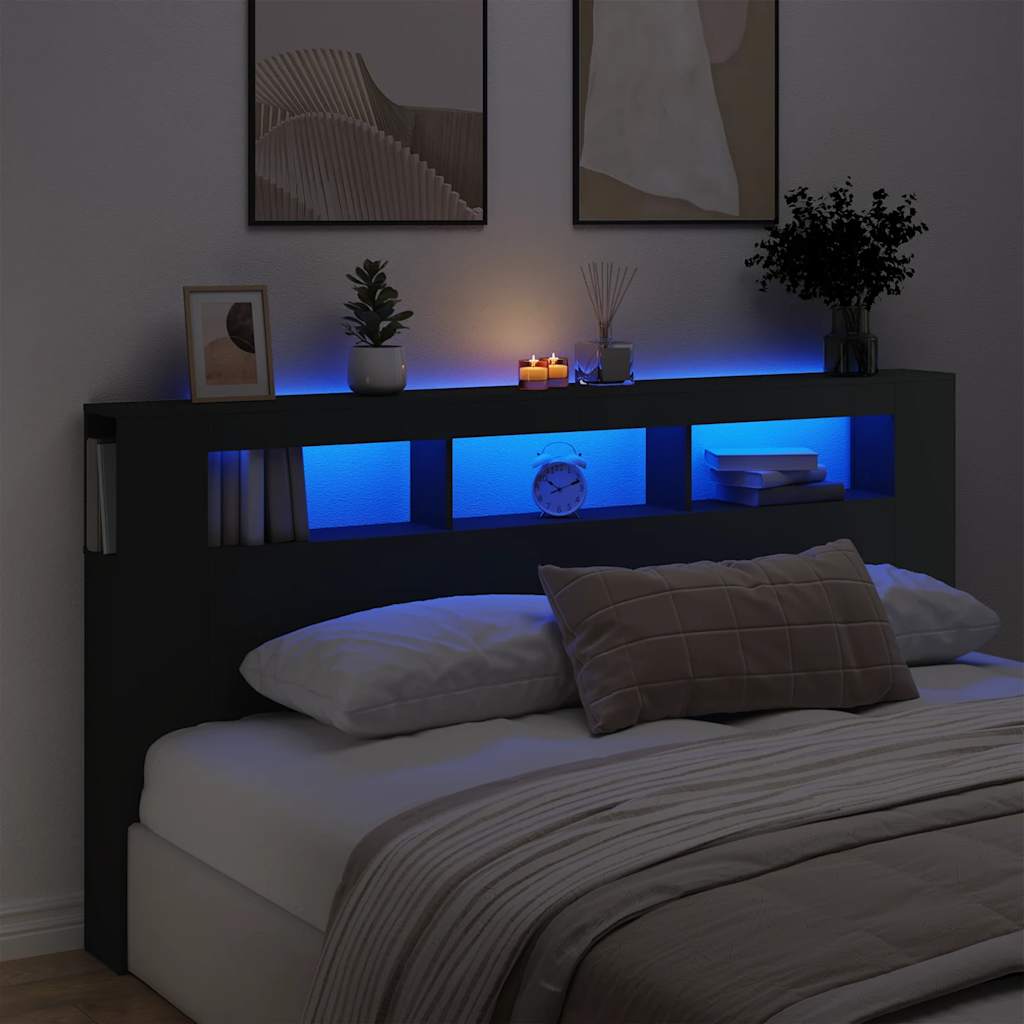 sengegavl med LED-lys 200x18,5x103,5 cm konstrueret træ sort