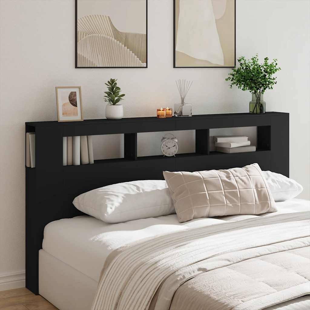 sengegavl med LED-lys 200x18,5x103,5 cm konstrueret træ sort