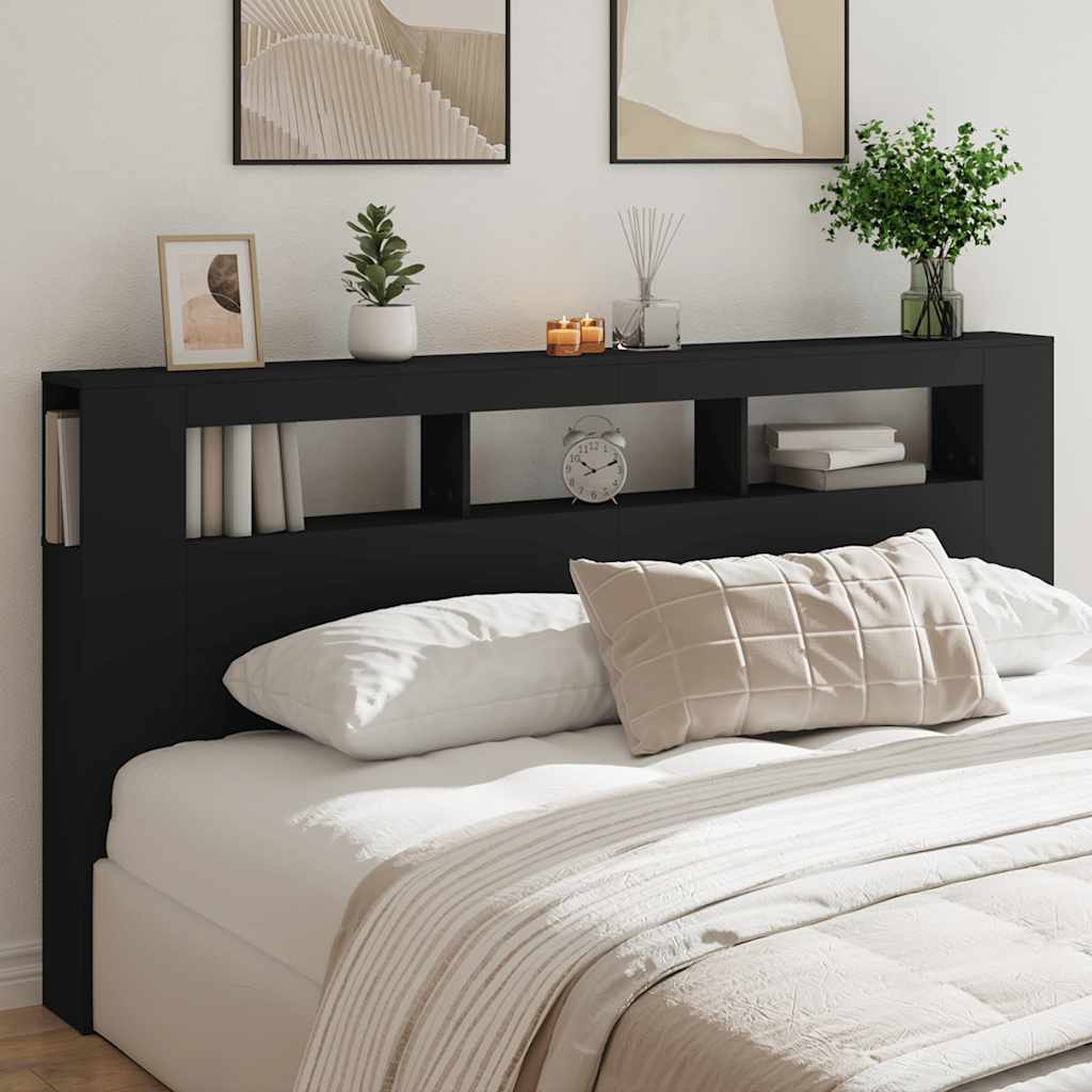 sengegavl med LED-lys 200x18,5x103,5 cm konstrueret træ sort