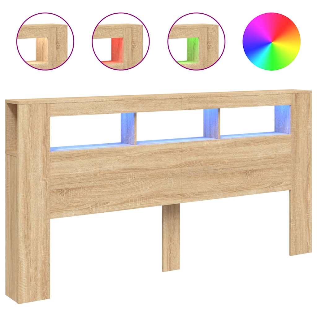 sengegavl 200x18,5x103,5 cm LED-lys konstrueret træ sonoma-eg