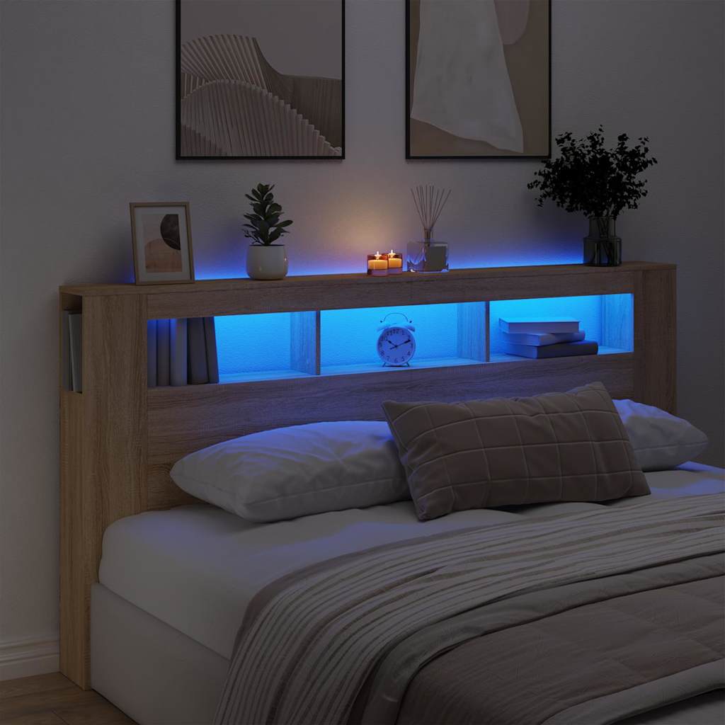 sengegavl 200x18,5x103,5 cm LED-lys konstrueret træ sonoma-eg