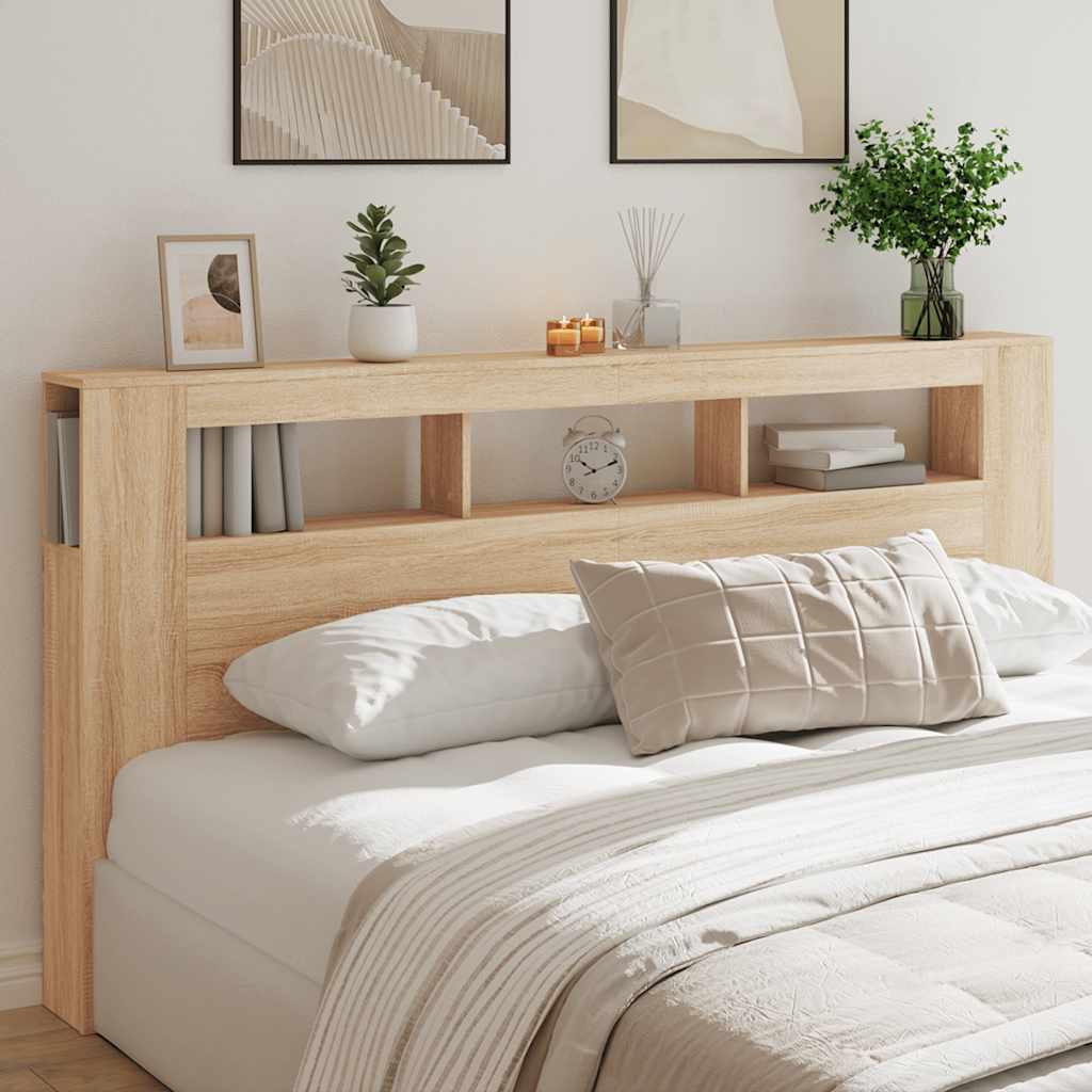 sengegavl 200x18,5x103,5 cm LED-lys konstrueret træ sonoma-eg