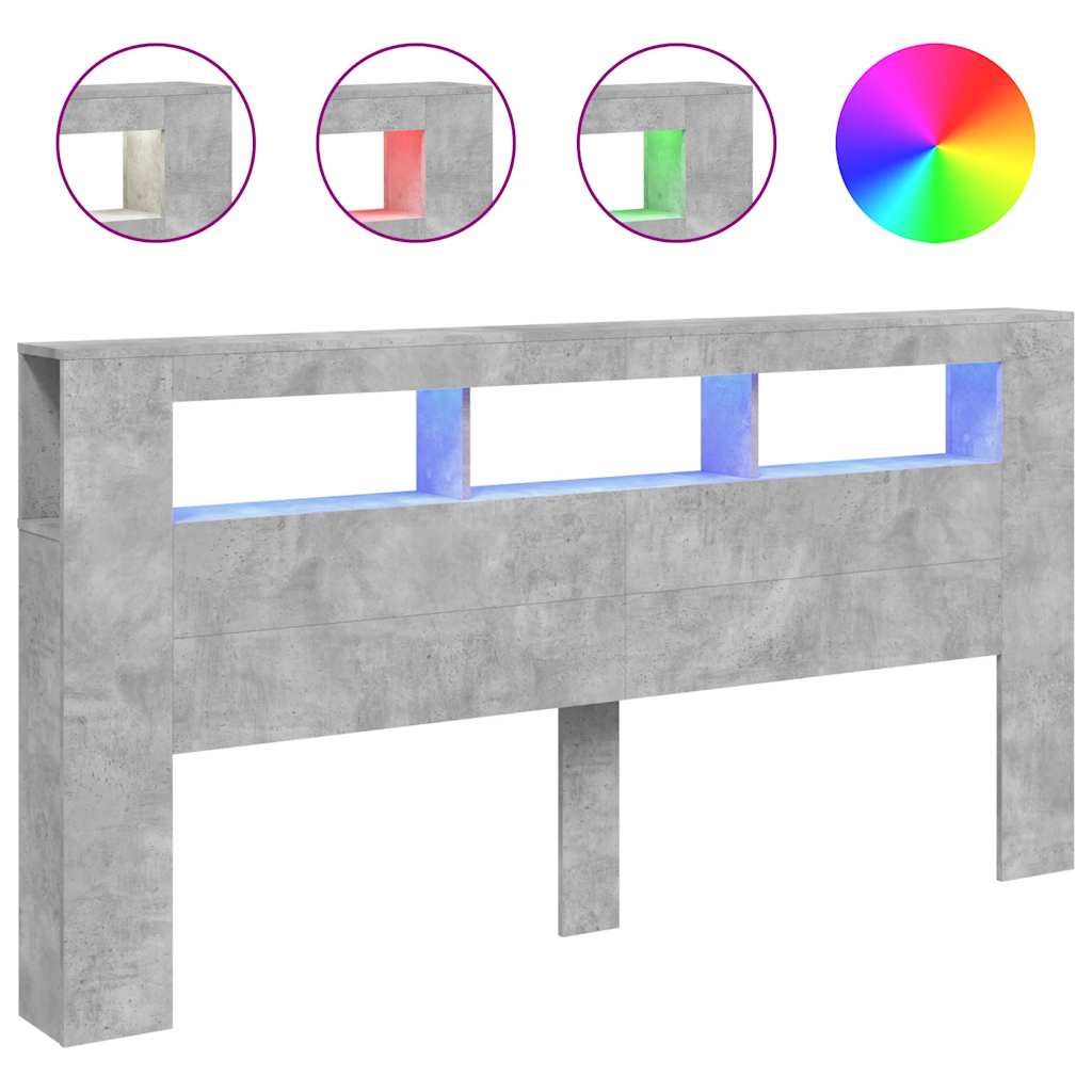 sengegavl m. LED-lys 200x18,5x103,5 cm konstrueret træ betongrå