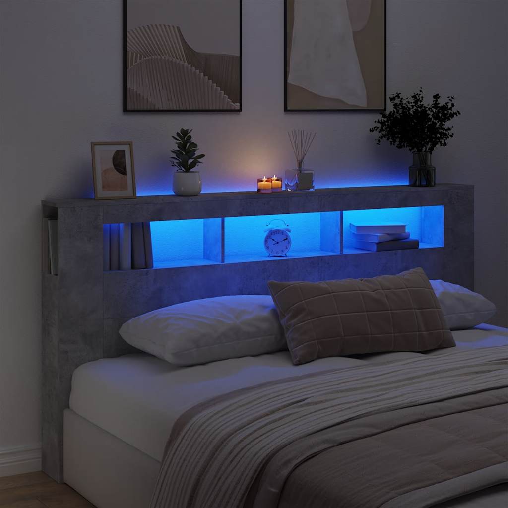 sengegavl m. LED-lys 200x18,5x103,5 cm konstrueret træ betongrå