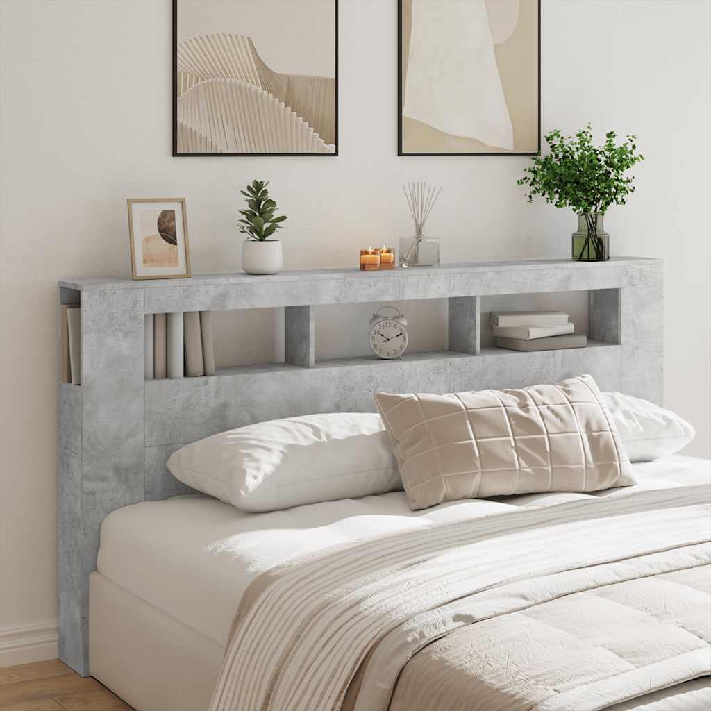 sengegavl m. LED-lys 200x18,5x103,5 cm konstrueret træ betongrå