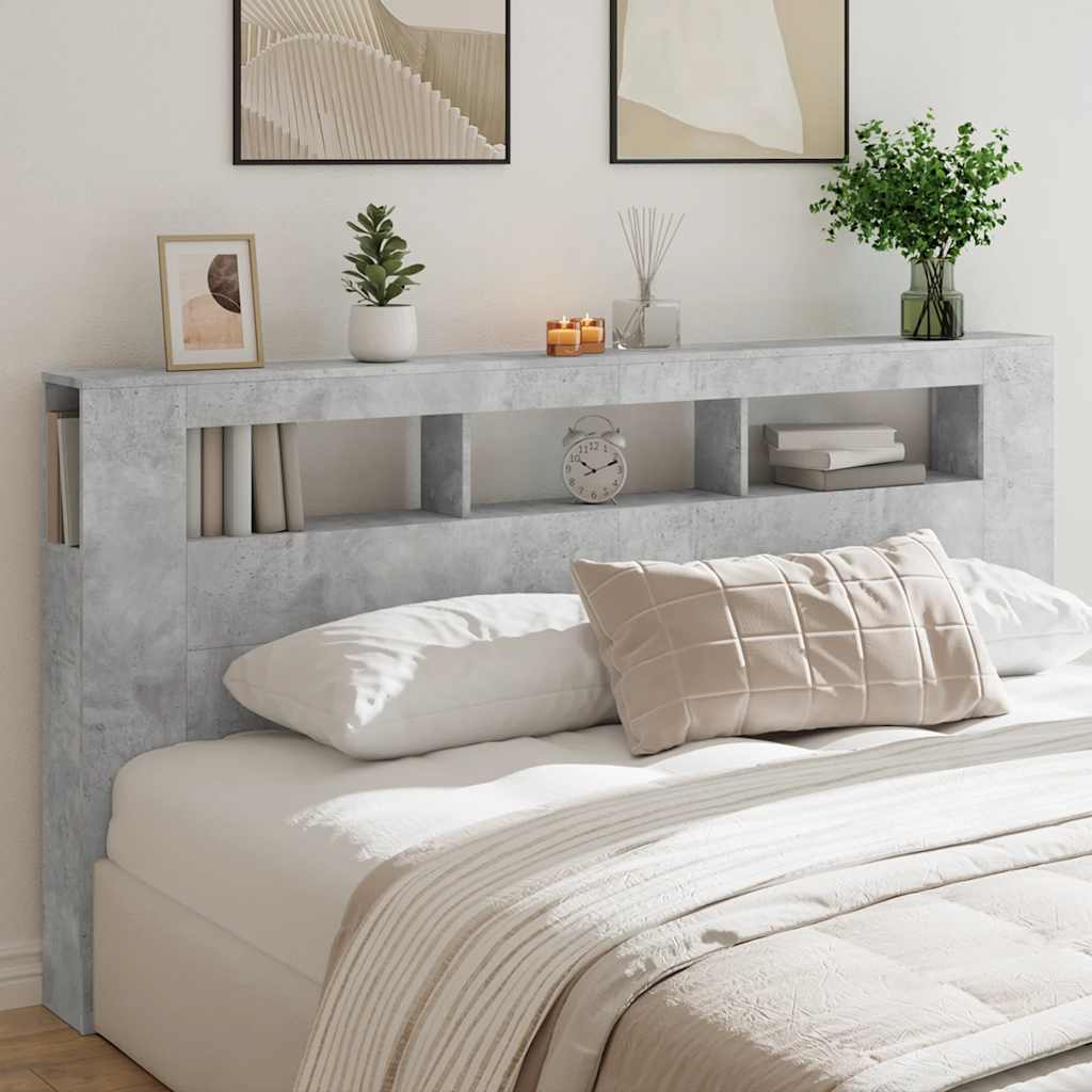 sengegavl m. LED-lys 200x18,5x103,5 cm konstrueret træ betongrå