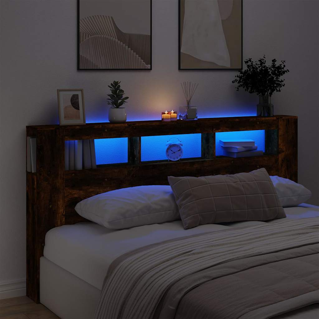 sengegavl m. LED-lys 200x18,5x103,5 cm konstrueret træ røget eg