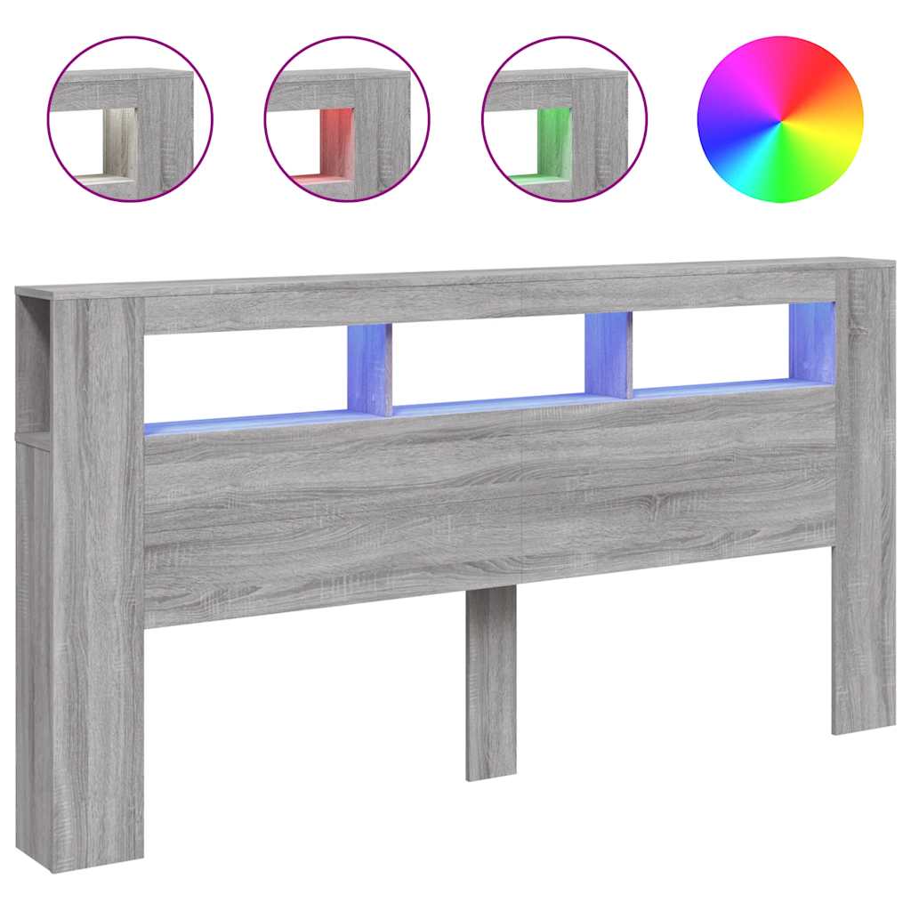 sengegavl 200x18,5x103,5 cm LED-lys konstrueret træ grå sonoma
