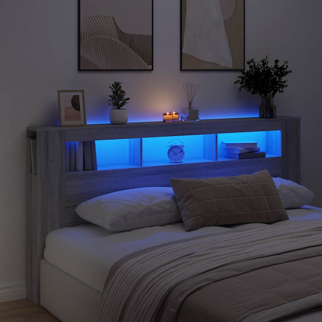 sengegavl 200x18,5x103,5 cm LED-lys konstrueret træ grå sonoma