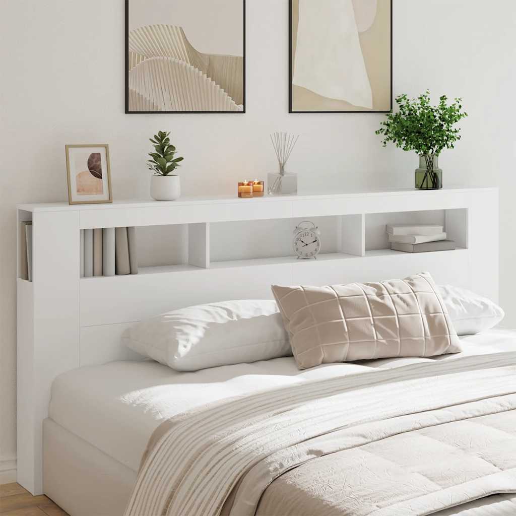 sengegavl med LED-lys 220x18,5x103,5 cm konstrueret træ hvid