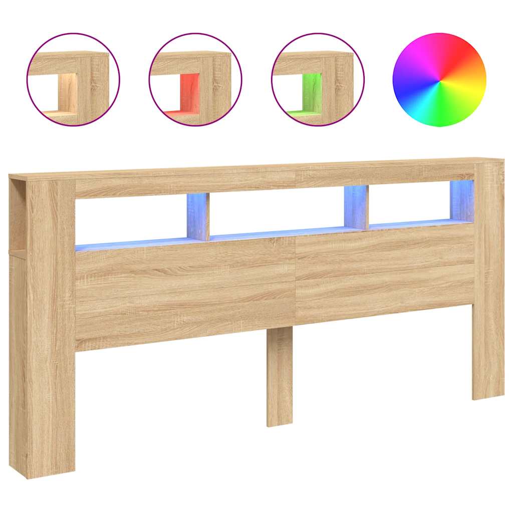 sengegavl 220x18,5x103,5 cm LED-lys konstrueret træ sonoma-eg