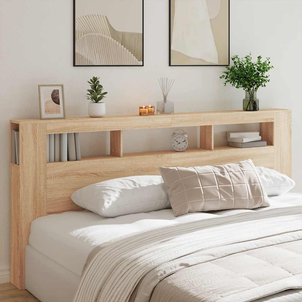 sengegavl 220x18,5x103,5 cm LED-lys konstrueret træ sonoma-eg