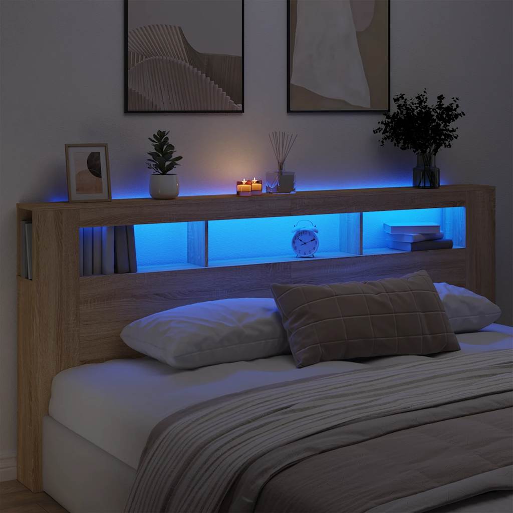 sengegavl 220x18,5x103,5 cm LED-lys konstrueret træ sonoma-eg