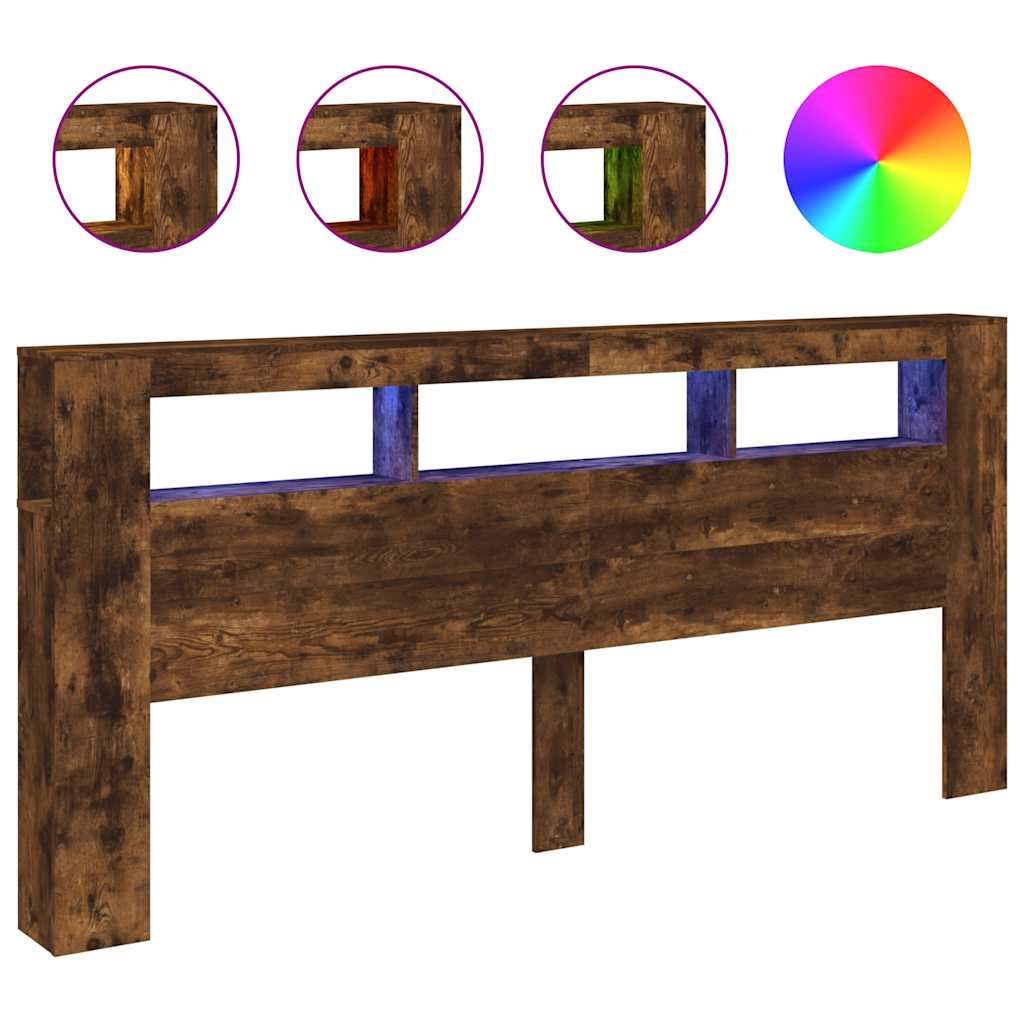 sengegavl m. LED-lys 220x18,5x103,5 cm konstrueret træ røget eg