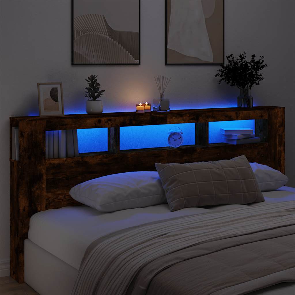 sengegavl m. LED-lys 220x18,5x103,5 cm konstrueret træ røget eg