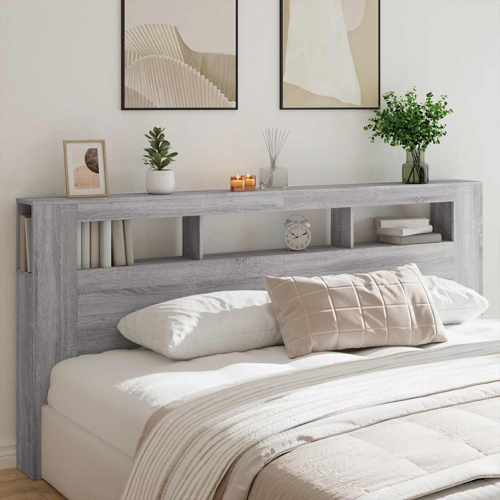 sengegavl 220x18,5x103,5 cm LED-lys konstrueret træ grå sonoma