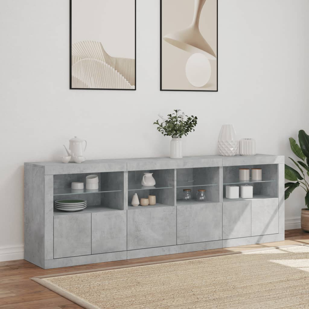 skænk med LED-lys 202x37x67 cm betongrå