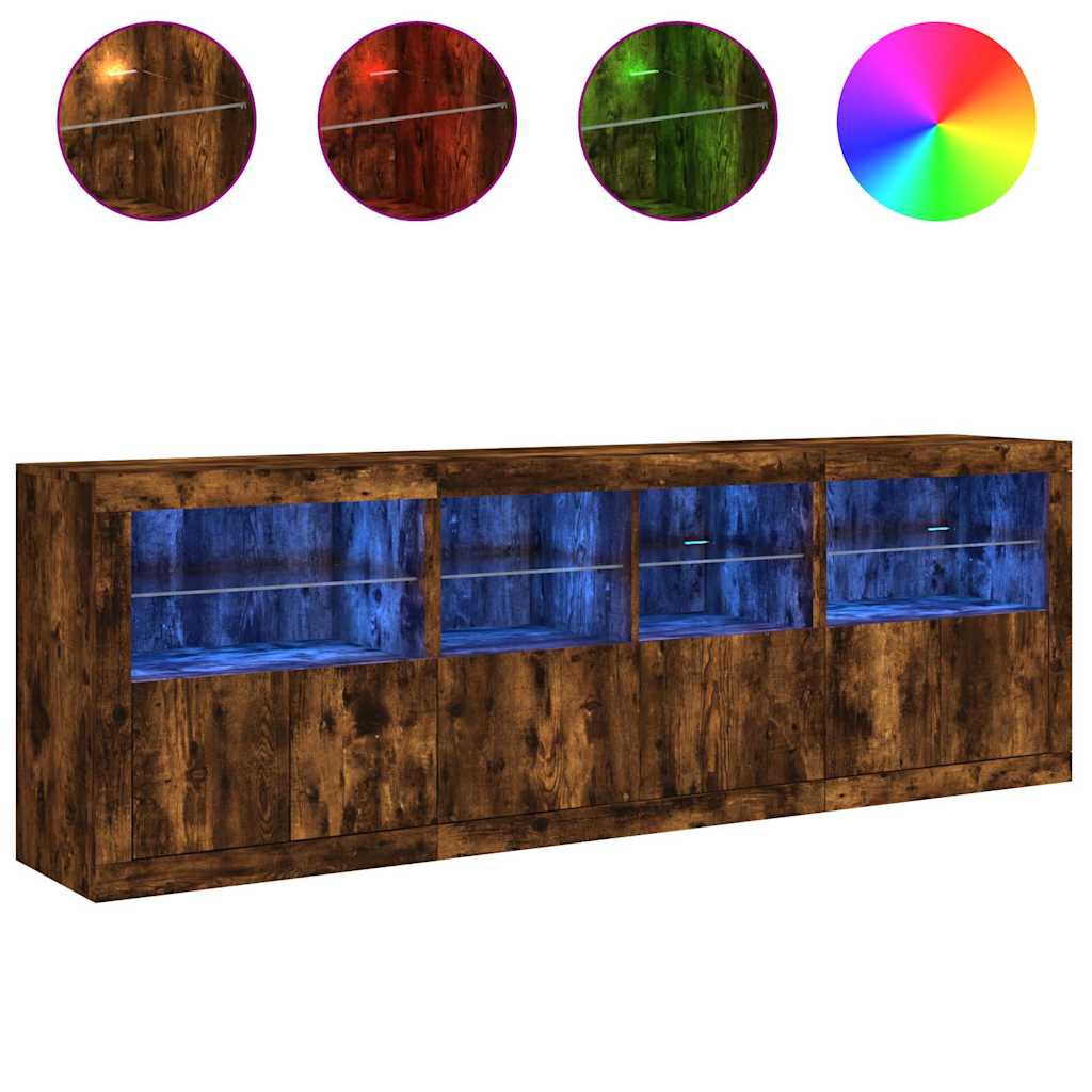 skænk med LED-lys 202x37x67 cm røget egetræsfarve