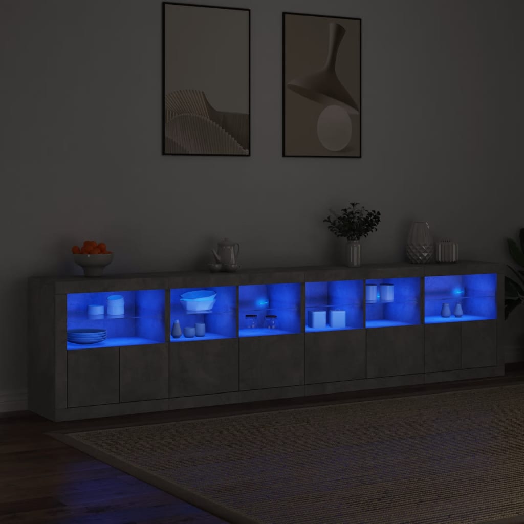 skænk med LED-lys 283x37x67 cm betongrå