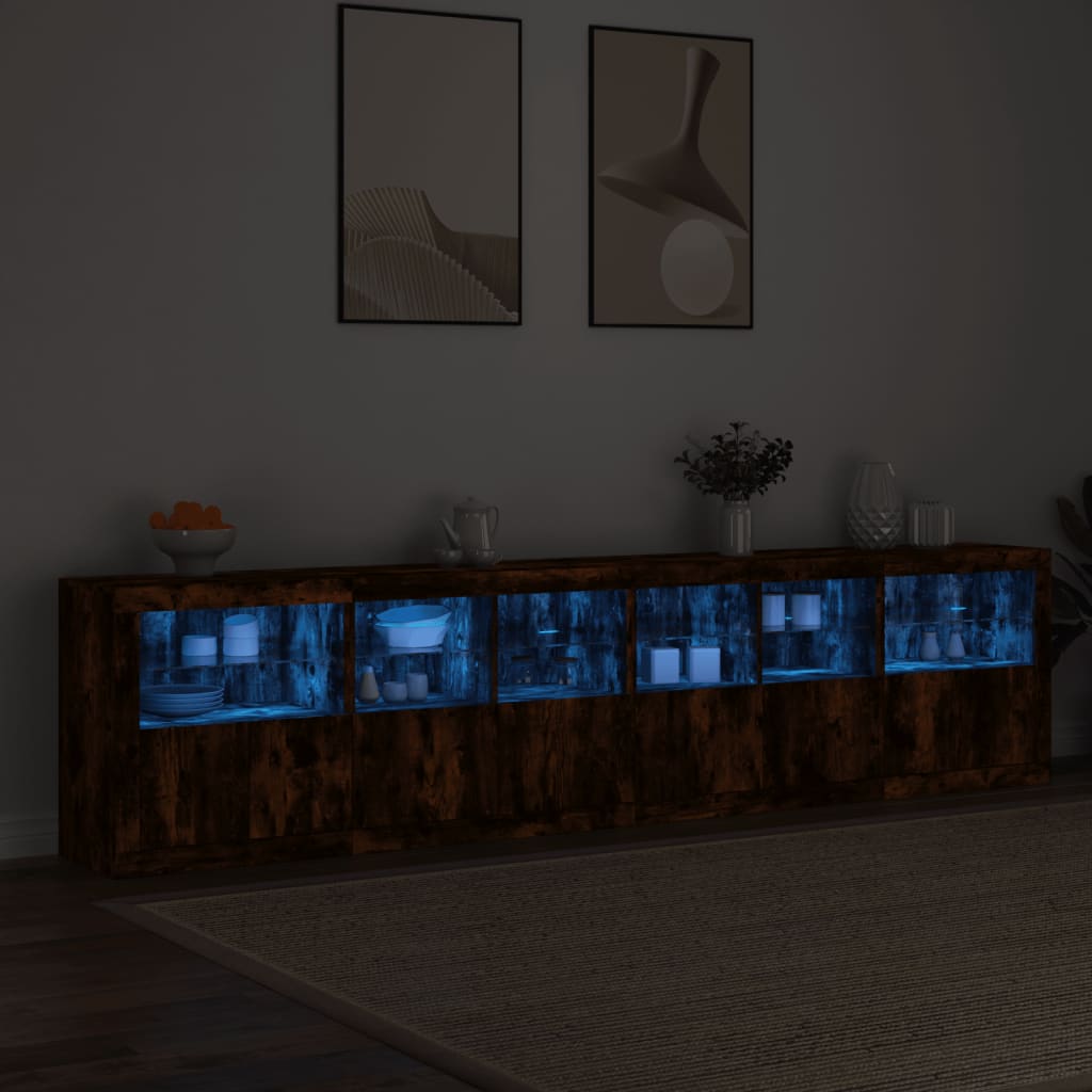skænk med LED-lys 283x37x67 cm røget egetræsfarve