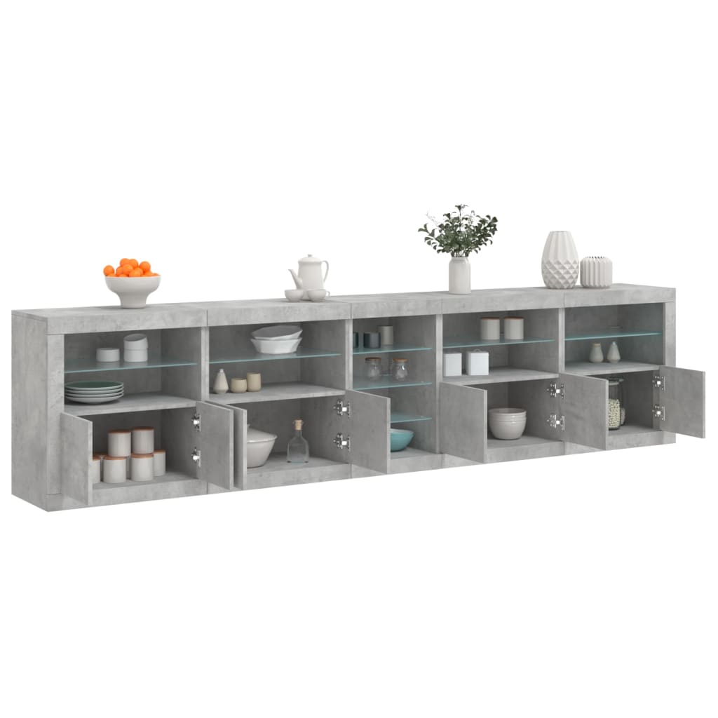 skænk med LED-lys 283x37x67 cm betongrå